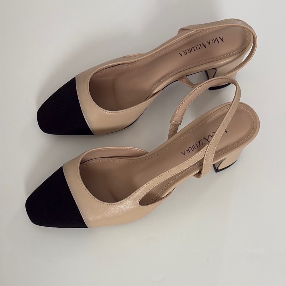 Beige and Black Women's Slingback Heels